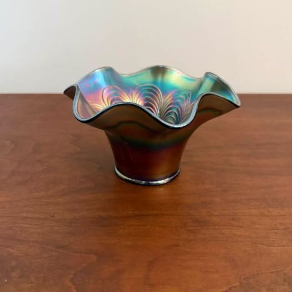 Vintage Cobalt Blue Carnival Glass Ruffled Bowl